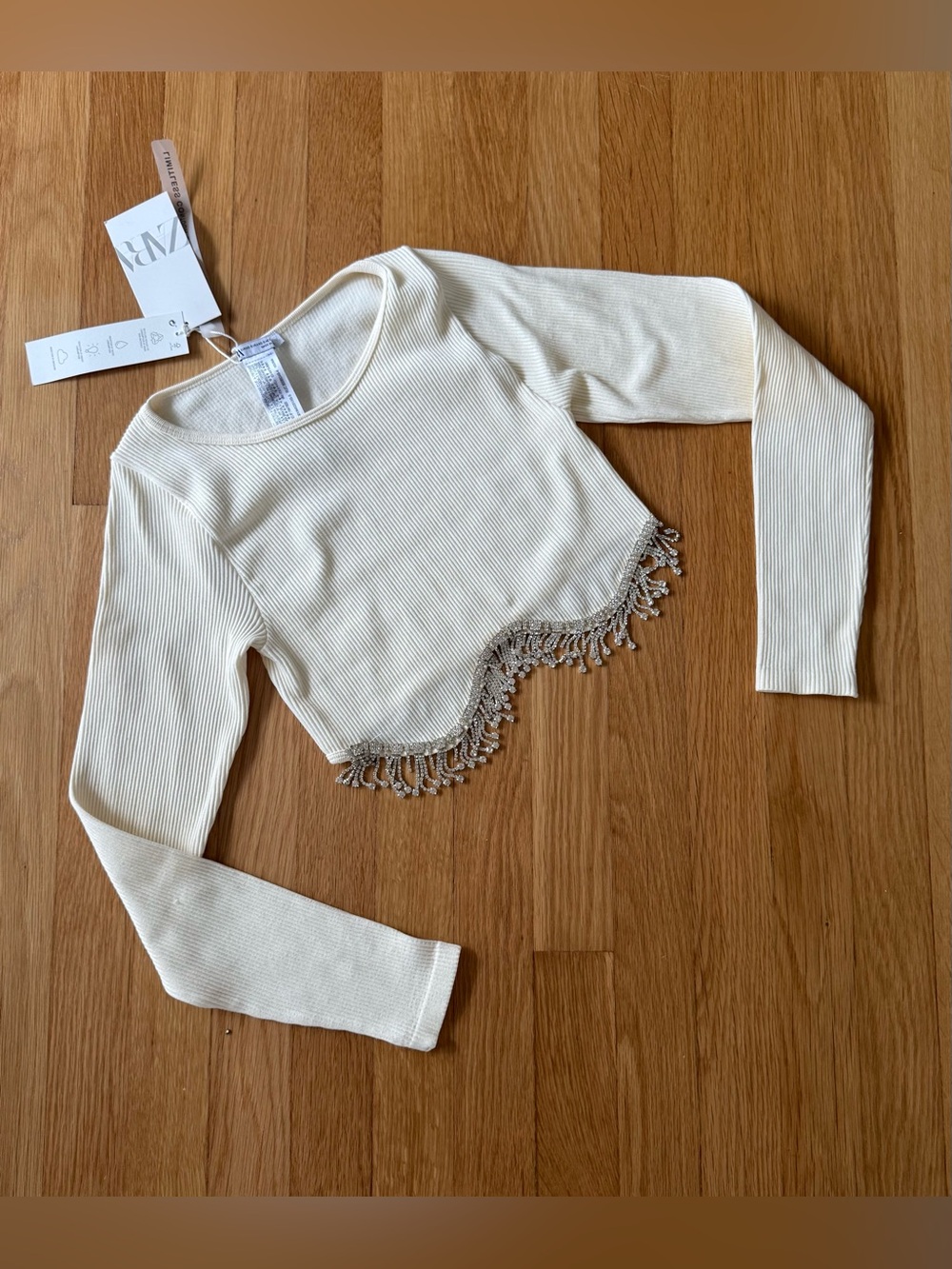 Zara Rhinestone Fringe Cropped Ribbed Top Cream XS-S NWT